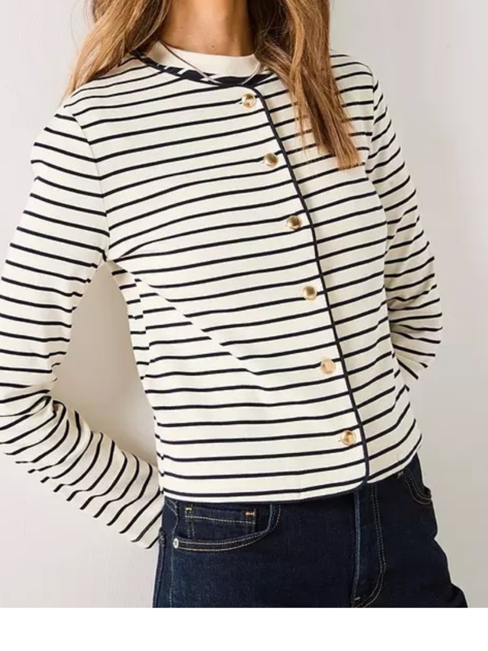 Mango Cream and Black Striped Button-Down Top with Gold Buttons